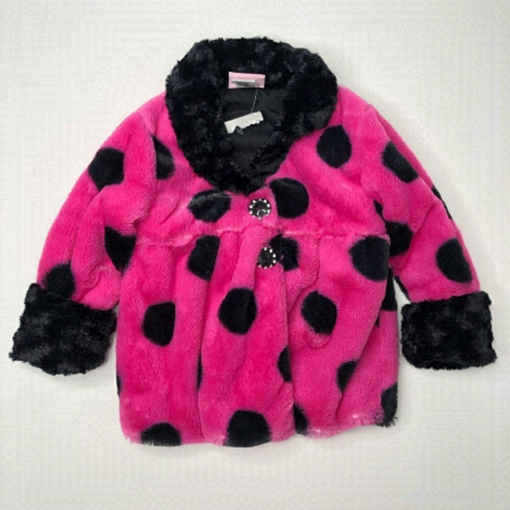 New Little Lass Diva Barbie Pink & Black Polka Dot Fuzzy Furry Fancy Coat Jacket
